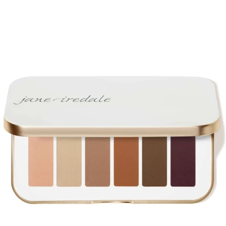 Jane Iredale Pure Basic six-shade eyeshadow palette in an elegant white and gold compact.
