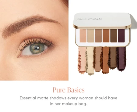 Eye look and Pure Basic shade swatches showing matte cream, vanilla, taupe, terracotta and plum tones.