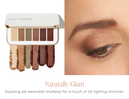 Naturally Glam eye look with swatches of vanilla beige, gold brown, olive taupe, copper rose and burgundy brown shades.
