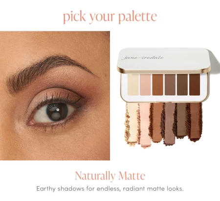 Naturally Matte eye look with swatches of cream, soft rose, terracotta, aubergine brown, chocolate and red brown.