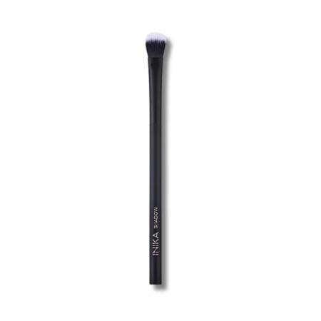 Single INIKA Organic eyeshadow brush with a slim matte black handle marked INIKA EYESHADOW for applying eyeshadow.