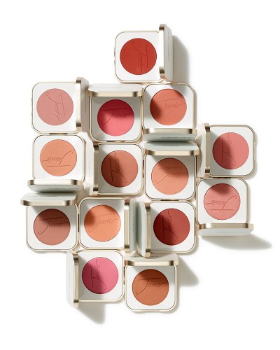 Jane Iredale PurePressed Blush collection in square white and gold compacts with varied cheek shades.