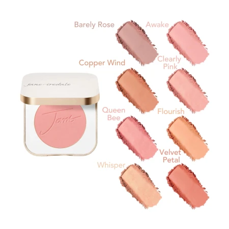 PurePressed Blush shade comparison chart showing the Jane Iredale blush colour range.