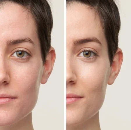 Before, after and full makeup comparison showing brighter-looking under-eyes with Active Light concealer.