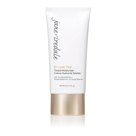 Front of the Jane Iredale Dream Tint Tinted Moisturizer tube with soft beige packaging and gold accents.
