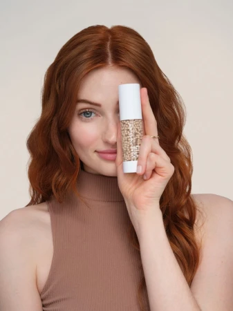 Model holding Jane Iredale HydroPure Tinted Serum near her face to show the product size.