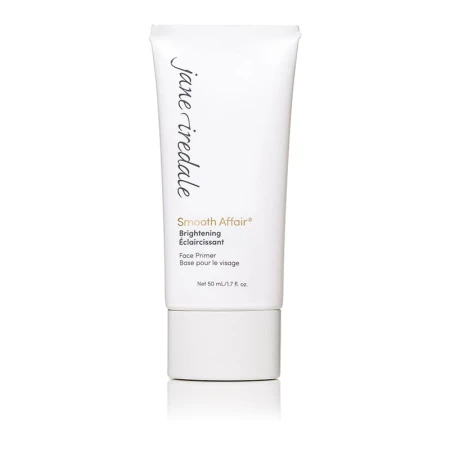 White tube of Jane Iredale Smooth Affair Brightening Face Primer with black and gold product lettering, designed to brighten, smooth and prep skin for makeup.