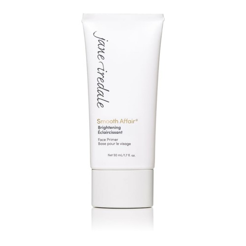 White tube of Jane Iredale Smooth Affair Brightening Face Primer with black and gold product lettering, designed to brighten, smooth and prep skin for makeup.