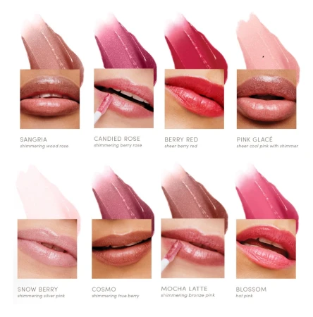 Jane Iredale HydroPure Hyaluronic Lip Gloss shade overview with glossy everyday lip colours.