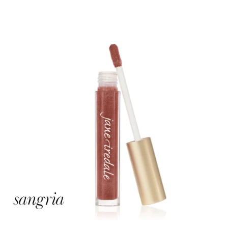Jane Iredale HydroPure Lip Gloss in Sangria with doe-foot applicator and gold cap.