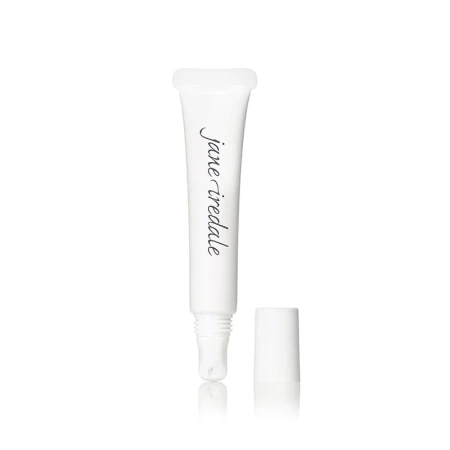 Clear Jane Iredale lip treatment tube with white cap and angled or roll-on style applicator, with minimalist brand logo on the front.