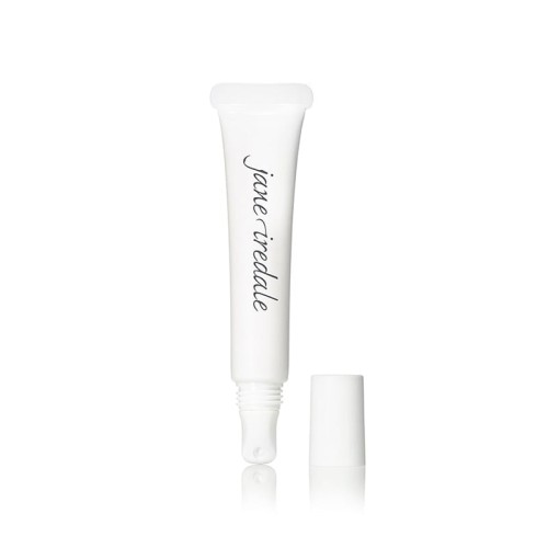 Clear Jane Iredale lip treatment tube with white cap and angled or roll-on style applicator, with minimalist brand logo on the front.