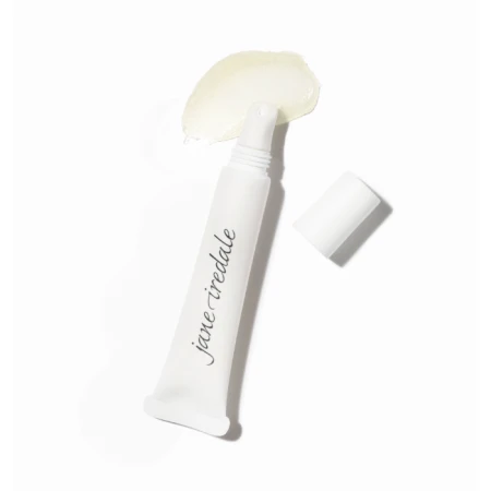 Open Jane Iredale lip treatment tube with a small amount of clear yellowish gel balm dispensed.