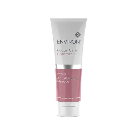 Tube of Environ Focus Care Comfort+ Anti-Pollution Masque 75 ml in white and pink tones with a white cap and Environ logo.