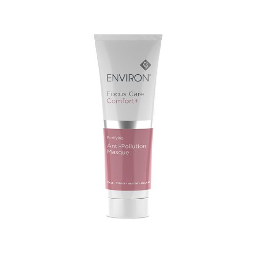 Tube of Environ Focus Care Comfort+ Anti-Pollution Masque 75 ml in white and pink tones with a white cap and Environ logo.