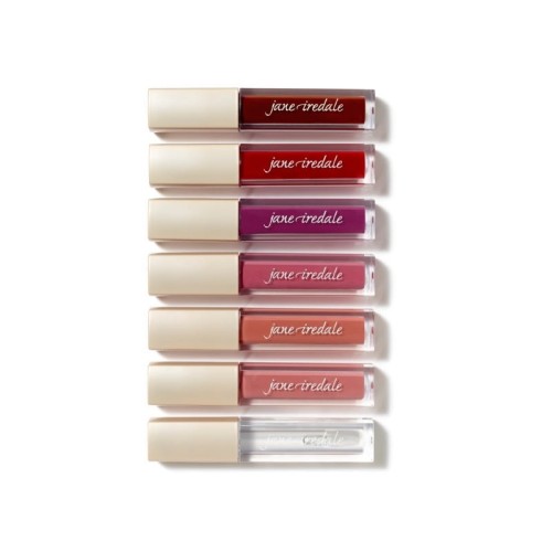 Set of Jane Iredale ColorLuxe High Impact Lip Glaze shades arranged vertically in elegant tubes with beige caps and transparent bodies showing the lip gloss colours.