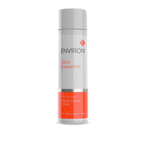 White pump bottle of ENVIRON Moisturising Toner with a white and orange label and Environ logo, designed to hydrate facial skin and soothe irritation.
