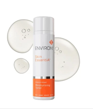 White pump bottle of ENVIRON Moisturising Toner with Environ logo, shown against transparent toner sample swatches.