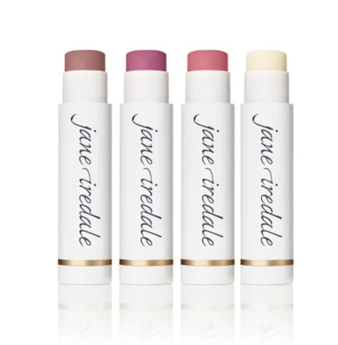 Four Jane Iredale Lip Drink SPF 15 lip balm sticks in white packaging with gold accents.