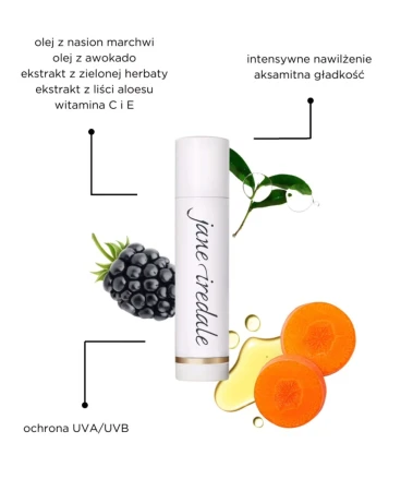 Jane Iredale lip balm surrounded by graphics presenting its care, smoothing and protective ingredients.