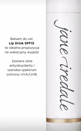 Close-up of Jane Iredale Lip Drink SPF 15 packaging with white design and brand logo.