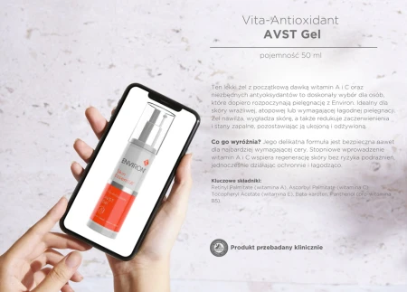 ENVIRON Vita Antioxidant AVST Gel bottle shown on a mobile phone held by a woman's hand, with product benefits and ingredients on a grey background.