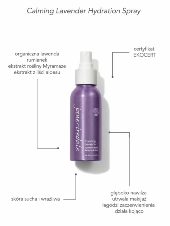 Graphic showing Jane Iredale Lavender Hydration Spray benefits: ECOCERT certified, for sensitive skin, hydrates, sets makeup and soothes.
