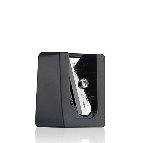 Black makeup pencil sharpener with transparent cover and visible blade.