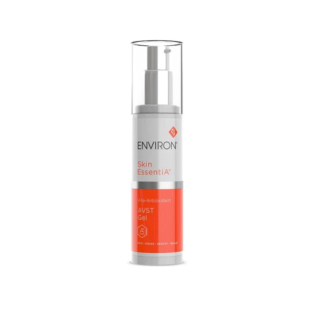Bottle of ENVIRON Vita Antioxidant AVST Gel with a white and orange pump, metallic silver cap and coloured product name label.