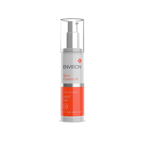Bottle of ENVIRON Vita Antioxidant AVST Gel with a white and orange pump, metallic silver cap and coloured product name label.