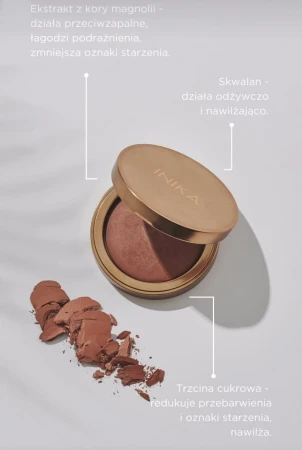 Graphic showing INIKA Organic baked bronzer and key active ingredients: magnolia bark extract, squalane and sugar cane.