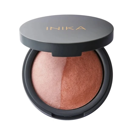 Open INIKA Organic compact with PINK TICKLE baked blush duo in two rosy shades.