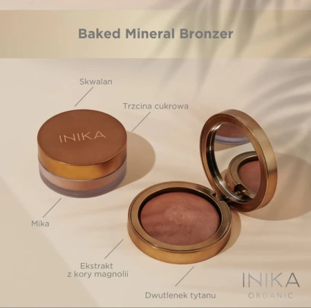 INIKA Organic Baked Mineral Bronzer ingredient graphic highlighting squalane, magnolia bark extract, titanium dioxide and mica.
