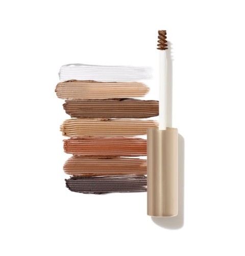 Jane Iredale PureBrow Brow Gel with gold cap, small brush applicator and shade swatches.