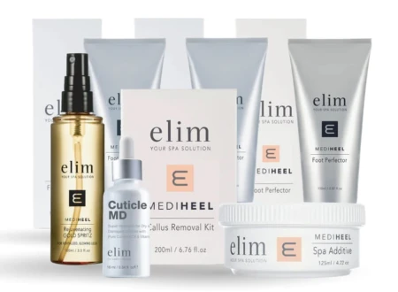 Zestaw Elim MediHeel do profesjonalnej pielęgnacji stóp i dłoni: Cuticle MD, Foot Perfector, Callus Removal Kit, Spa Additive i Rejuvenating Gold Spritz. Skuteczne nawilżenie, regeneracja i wygładzenie skóry. Idealny do spa i gabinetów kosmetycznych.
