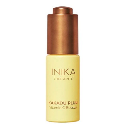 Bottle of INIKA Organic Kakadu Plum Vitamin C Booster in a pale yellow pack with a metallic copper cap.