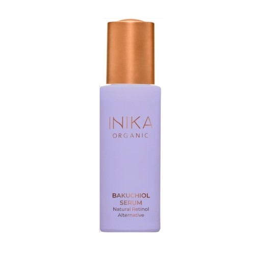 INIKA Organic Bakuchiol Serum Natural Retinol Alternative in a matte light purple bottle, highlighting its gentle plant-based anti-aging formula.