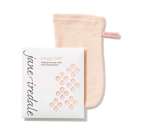 Jane Iredale Magic Mitt makeup remover mitt in pale pink packaging with floral cutouts.