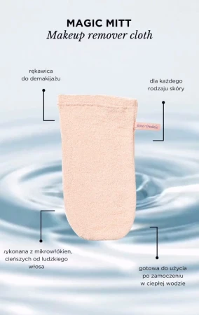 Graphic showing the main benefits and use of the Jane Iredale Magic Mitt.