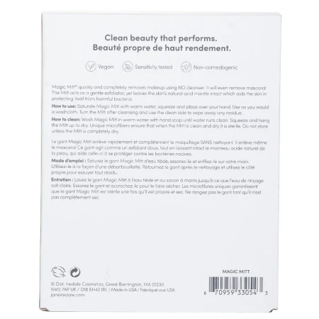 Back of Jane Iredale Magic Mitt packaging with usage instructions.