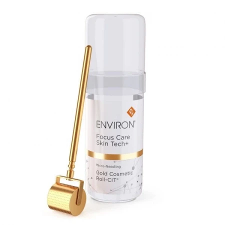 Environ Cosmetic Gold Roll-CIT gold derma roller leaning against clear packaging with Focus Care Skin Tech+ label.