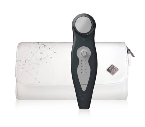 Environ DF Mobile Device lying in front of a white case with geometric pattern.