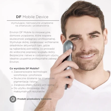 Smiling man holding ENVIRON DF Mobile Device near his face with benefit text beside him.