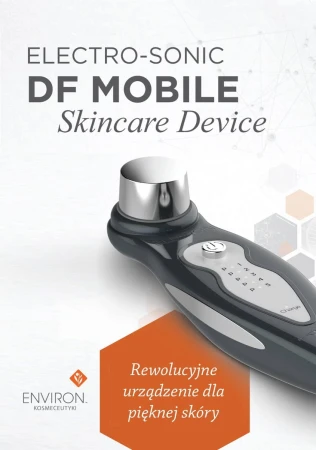 Environ DF Mobile Device on a light background with text about home skincare innovation.