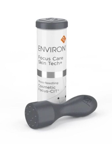 Environ Focus-CIT microneedling stamp with white cylindrical packaging on a light background.