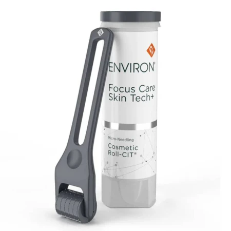 ENVIRON Cosmetic Roll-CIT black derma roller leaning against white and black packaging.