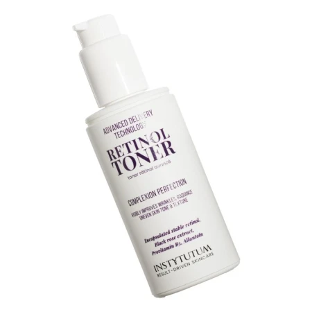 INSTYTUTUM Retinol Toner pump bottle tilted slightly on a light background.