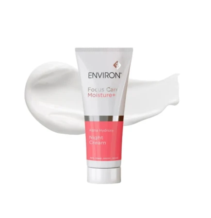 ENVIRON Night Cream tube with white cap on a creamy product swatch in white and pink tones.