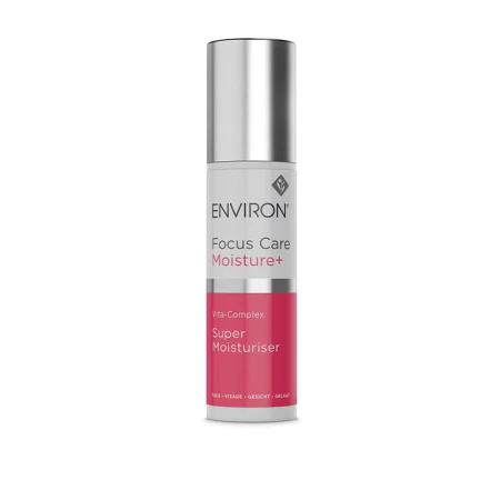 White ENVIRON Super Moisturiser bottle with silver cap and pink-and-white label.