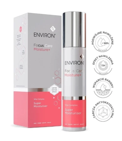 ENVIRON Super Moisturiser bottle with matching carton and benefit text panel.